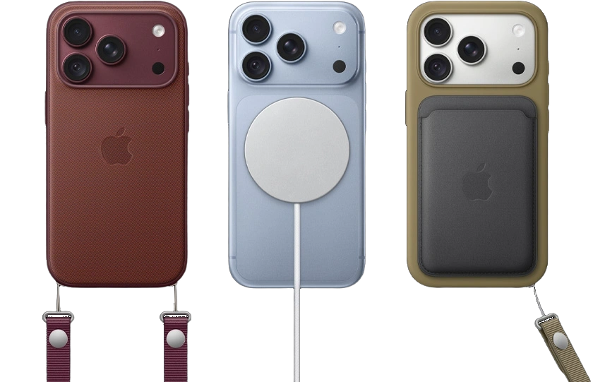 From left to right, iPhone 18 Pro in Burgundy leather case with Burgundy Crossbody strap, middle iPhone 18 Pro in Glacier with White MagSafe charger attached, right iPhone 18 Pro in Silver in green phone case, black leather wallet case with wrist strap.